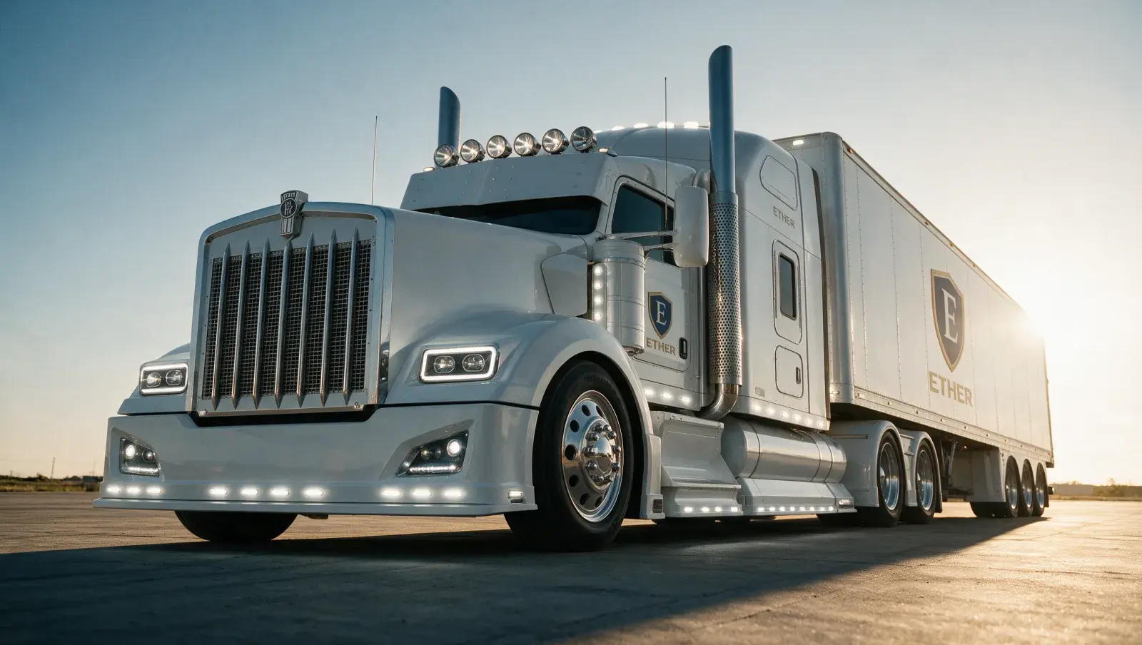 An Ether truck facing the sunrise on an open lot